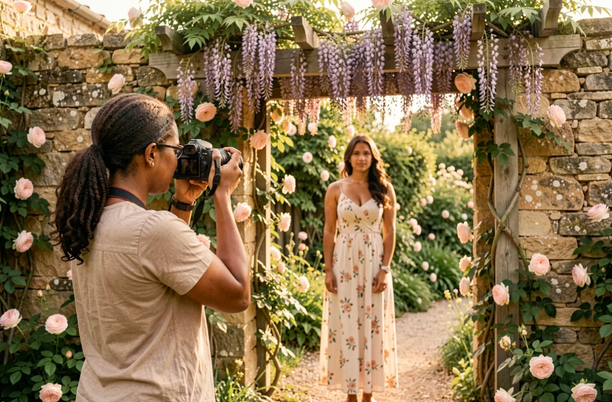 Photographe Malika Turin en séance portrait dans un jardin dordognais fleuri avec pergola en pierre et glycine