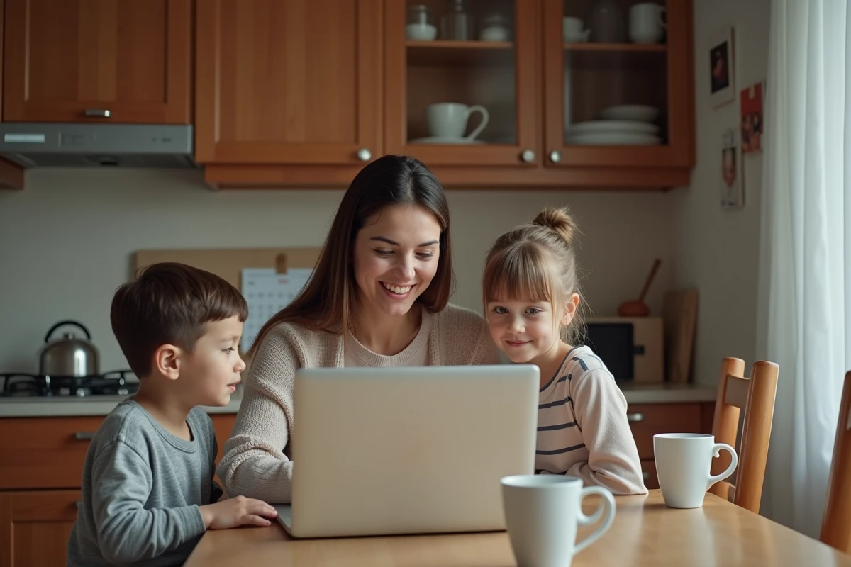 Maman et ses enfants regardant une page YouTube sur ordinateur