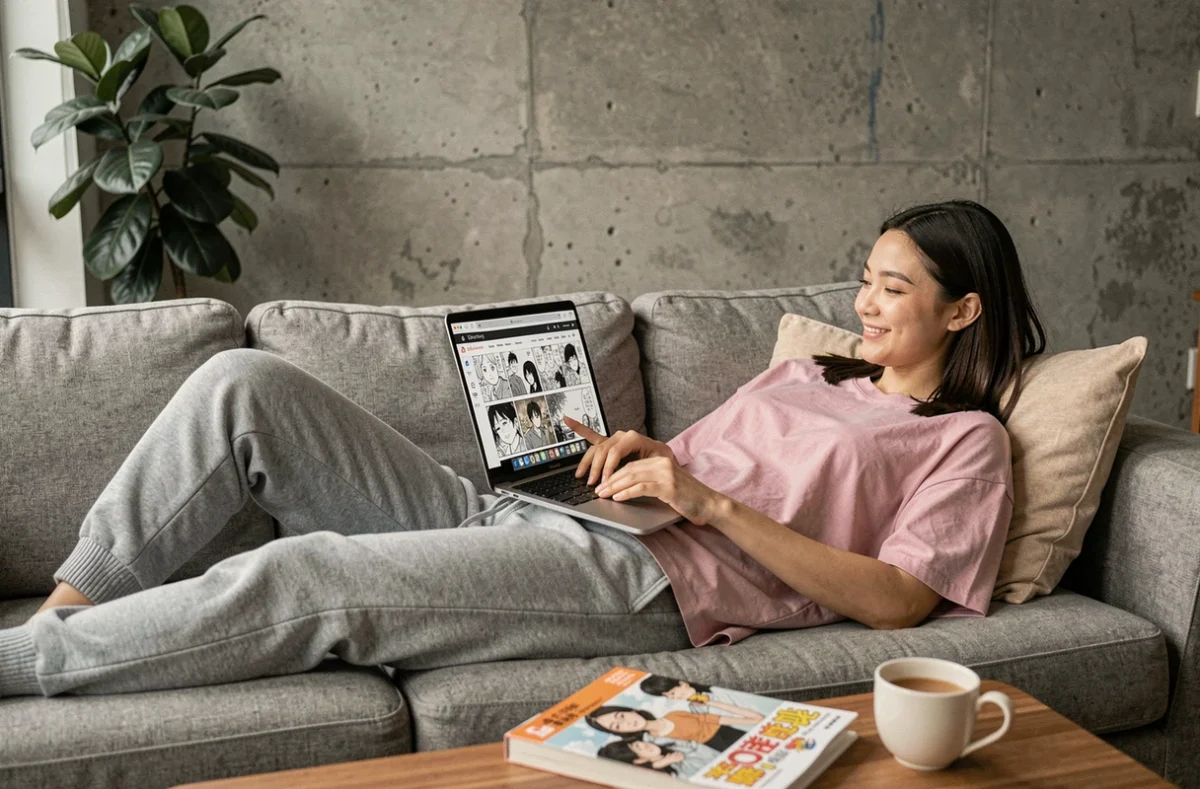 Jeune femme lisant des mangas VF en ligne sur un ordinateur portable allongée sur un canapé moderne