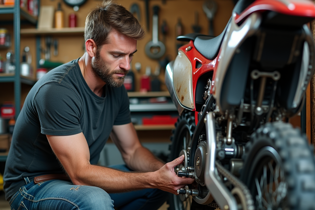 Mécanicien homme ajustant la chaîne d'une moto cross 125cc