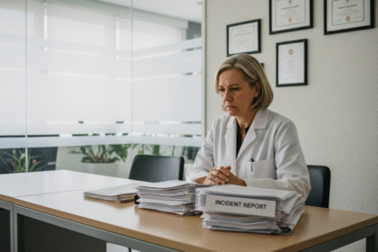 Médecin femme en blouse blanche dans son bureau