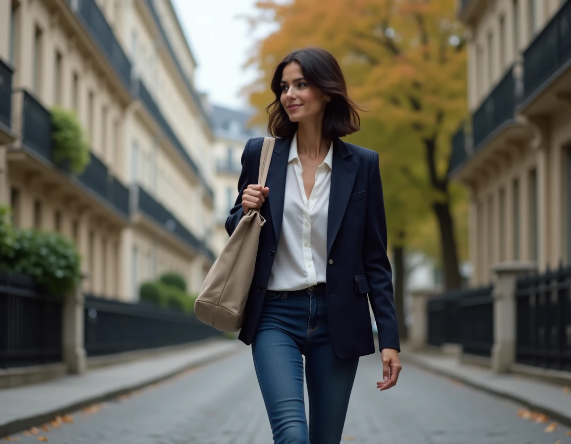 Femme active et élégante se promenant dans un quartier parisien, illustrant le quotidien d'une mère de famille moderne