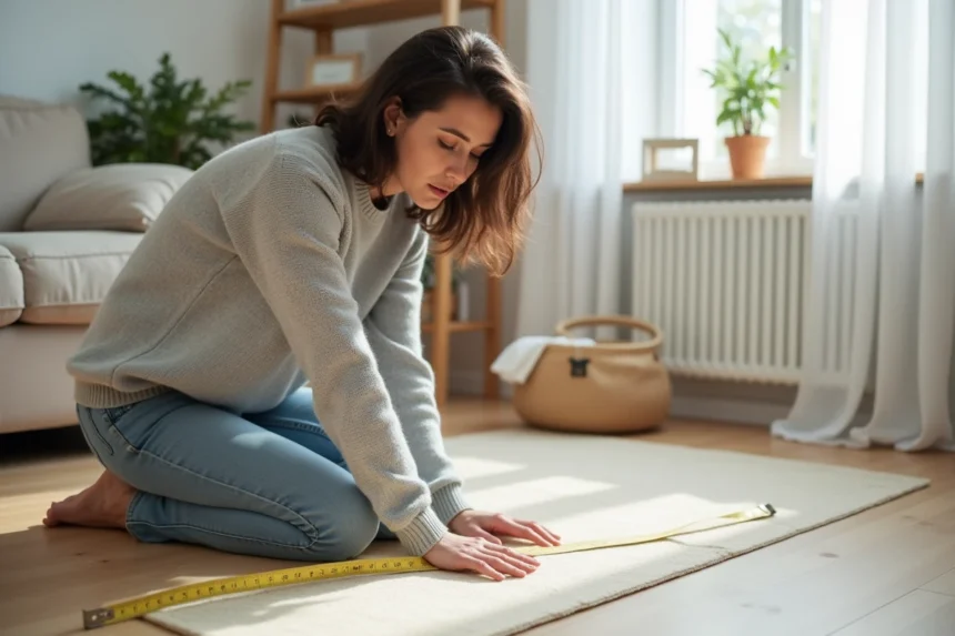 Femme mesurant la longueur et la largeur d'une pièce avec un mètre ruban sur parquet en bois