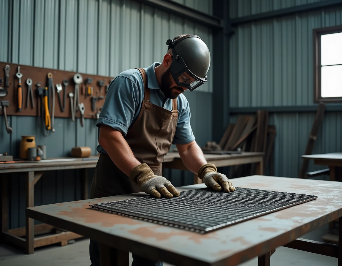 Métallier de METAL G 17 Sarl dans son atelier de fabrication de structures en acier