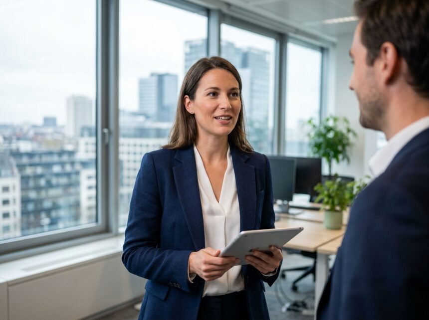 Professionnelle dans un bureau moderne à Bruxelles tenant une tablette lors d'une réunion commerciale en 2026