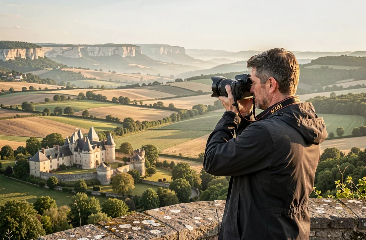 Photographe Mickael Boutry en plein air sur un belvédère dominant la vallée de la Dordogne avec châteaux en arrière-plan