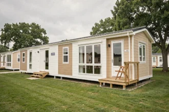 Mobil-home moderne 2 chambres avec terrasse en bois dans un parc résidentiel entouré d'arbres