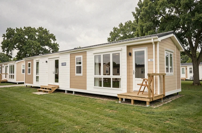Mobil-home moderne 2 chambres avec terrasse en bois dans un parc résidentiel entouré d'arbres