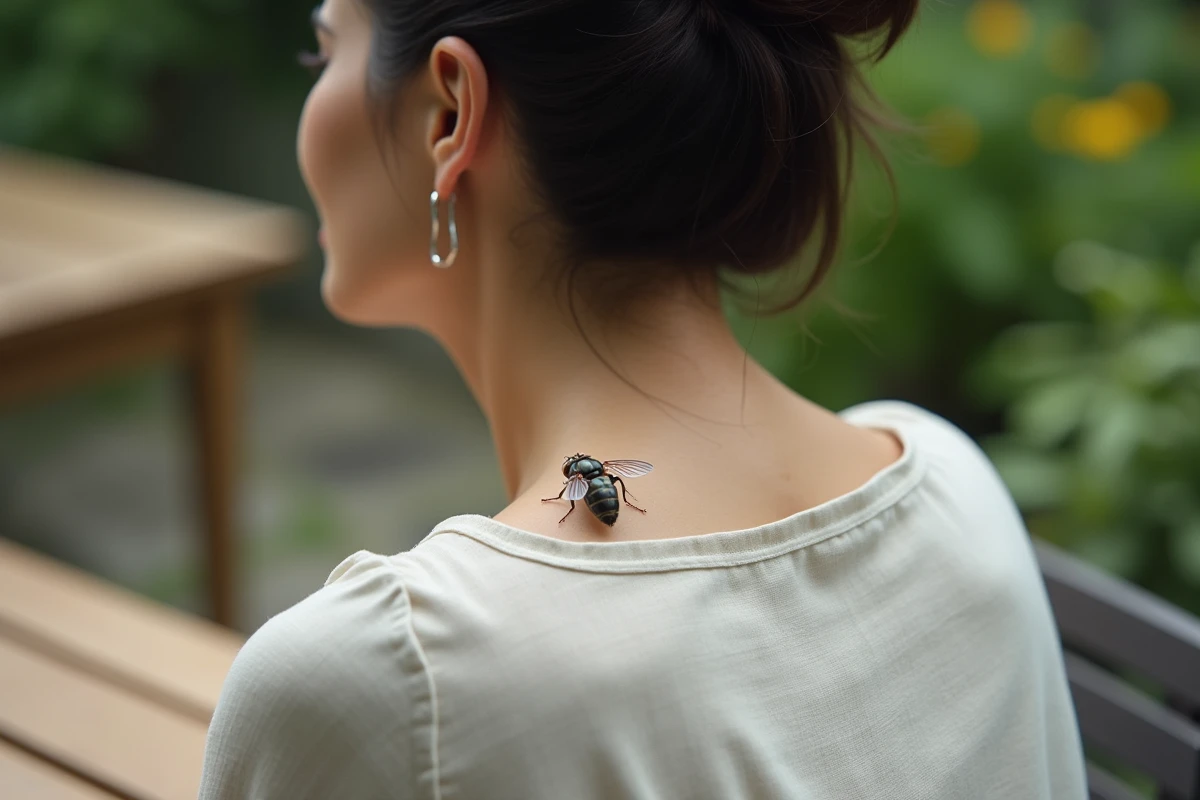 Mouche posée sur l'épaule d'une femme assise dans un jardin, symbolisme et signification de la position de l'insecte