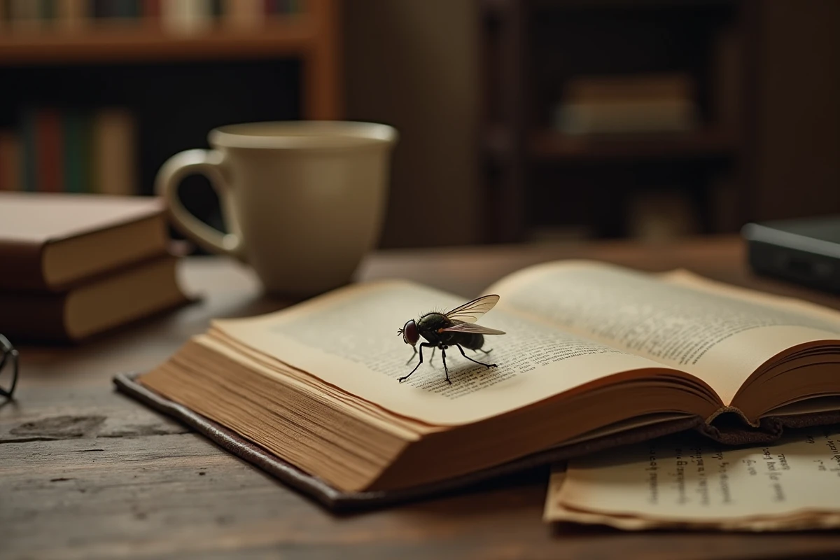 Mouche posée sur un livre fermé sur un bureau rustique, interprétation symbolique selon l'endroit où se pose la mouche