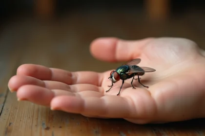 Mouche posée sur la main d'une personne, gros plan macro révélant les détails des ailes et des yeux composés de l'insecte