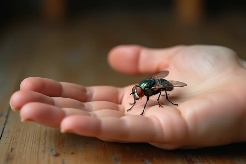 Mouche posée sur la main d'une personne, gros plan macro révélant les détails des ailes et des yeux composés de l'insecte