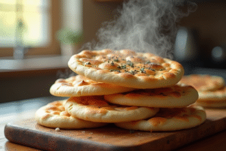 Naans frais empiles avec herbes et croûte dorée