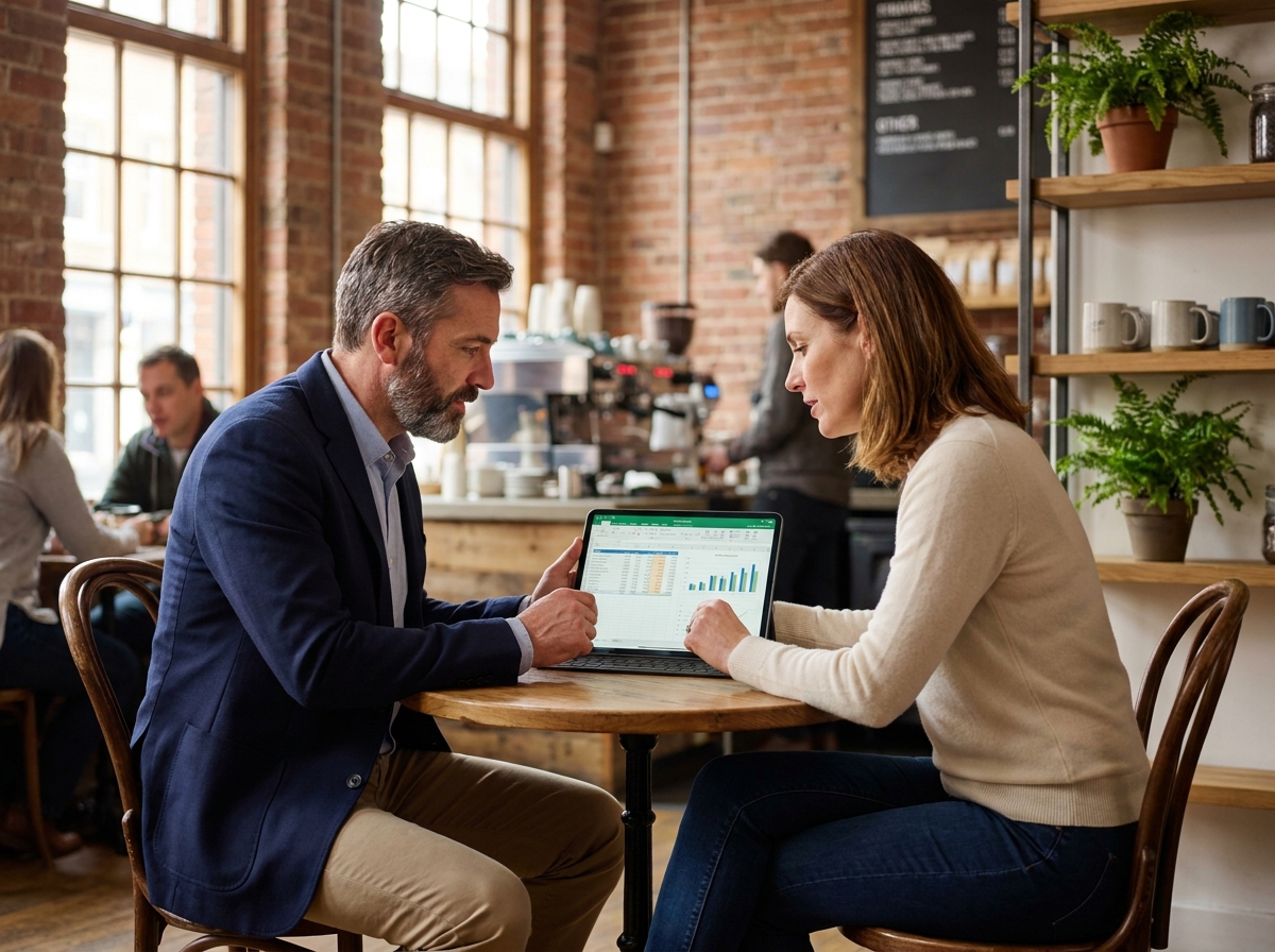 Deux professionnels discutant des délais de paiement fournisseurs autour d'une tablette dans un café urbain