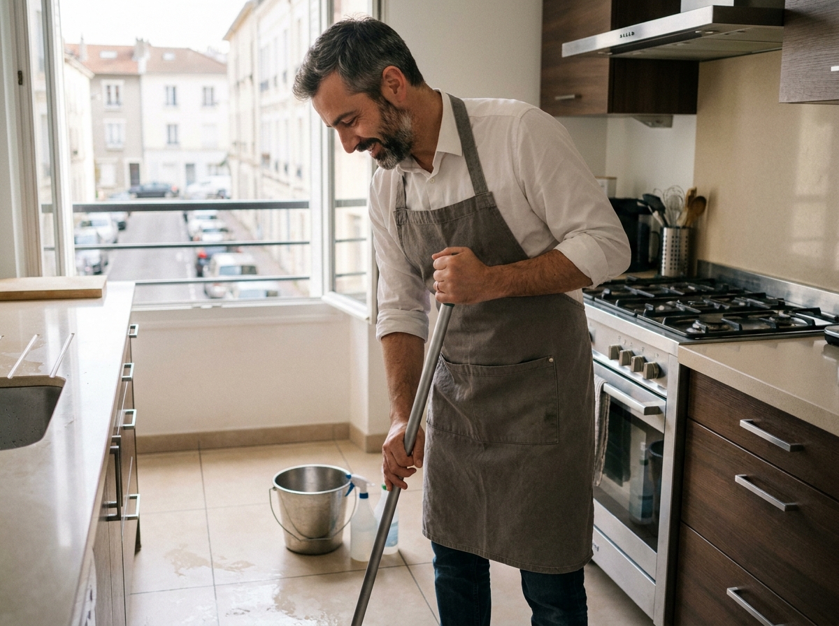 Professionnel du ménage à domicile en tablier gris qui nettoie le sol d'une cuisine moderne dans un appartement à Brunoy