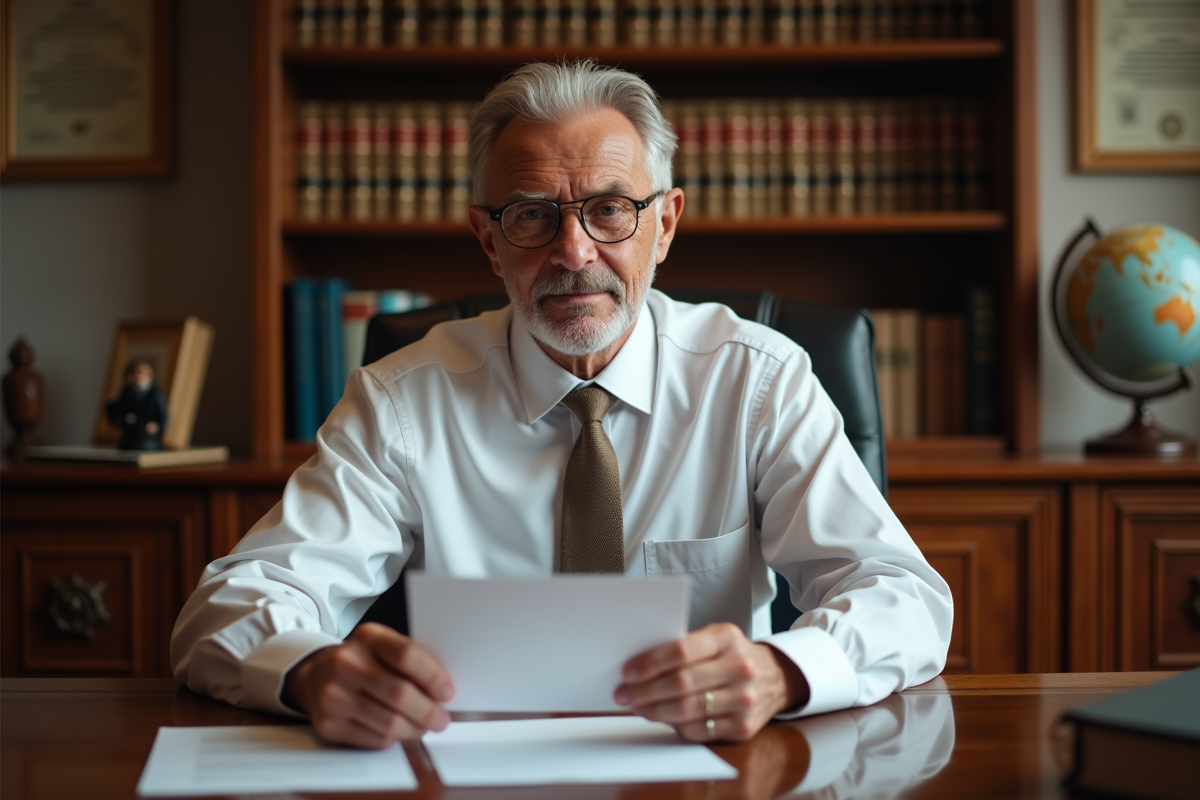Notaire âgé ouvrant une enveloppe dans un bureau traditionnel