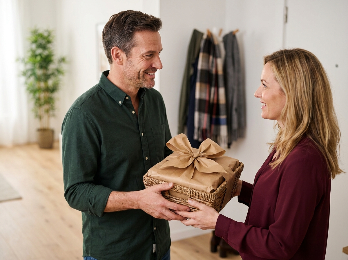 Homme offrant un panier gourmand emballé à une femme souriante dans un appartement moderne et chaleureux