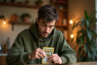 Jeune homme ouvrant un booster Pokémon Étincelles Déferlantes sur une table en bois dans un appartement cosy