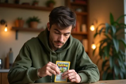 Jeune homme ouvrant un booster Pokémon Étincelles Déferlantes sur une table en bois dans un appartement cosy