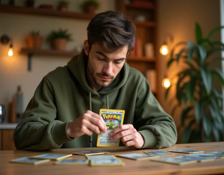Jeune homme ouvrant un booster Pokémon Étincelles Déferlantes sur une table en bois dans un appartement cosy