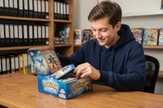 Collectionneur ouvrant un display Pokémon Aventure Ensemble sur un bureau en bois avec des classeurs de cartes en arrière-plan