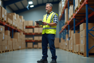 Homme ouvrier dans un entrepôt moderne avec gilet haute visibilité