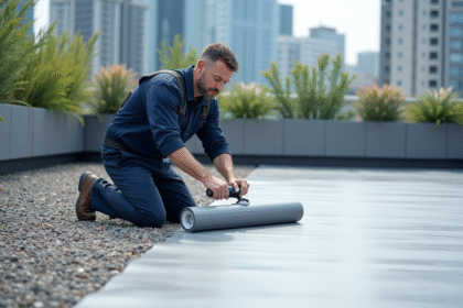 Ouvrier en tenue de chantier appliquant une membrane sur un toit moderne