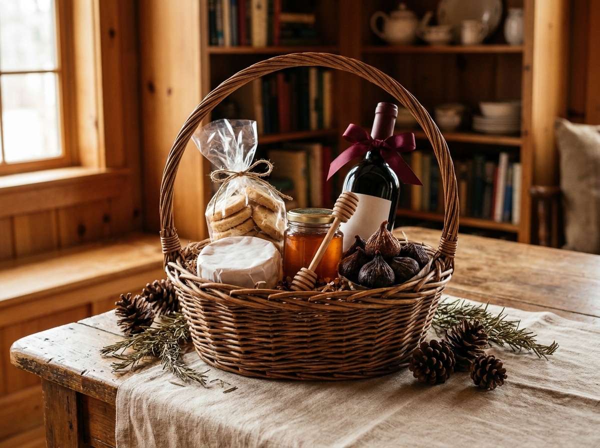 Panier gourmand festif sur table en bois rustique avec fromage, miel, biscuits, figues et vin rouge