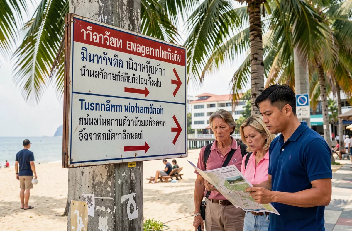 Panneau d'évacuation tsunami bilingue en thaï et anglais sur le front de mer de Phuket avec des touristes consultant une carte d'évacuation