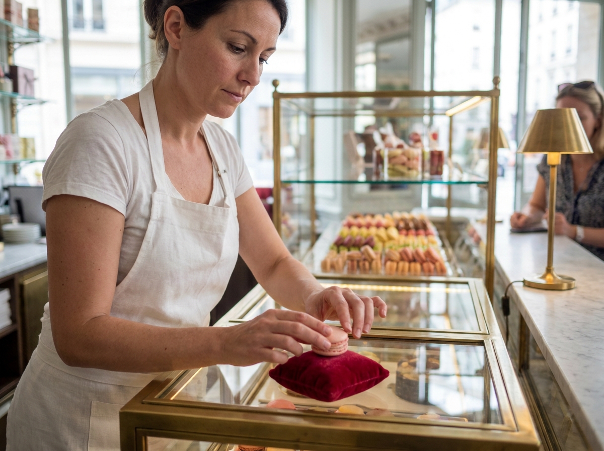 Pâtissière disposant un macaron sur un coussin velours dans une vitrine style bijouterie dans une pâtisserie parisienne