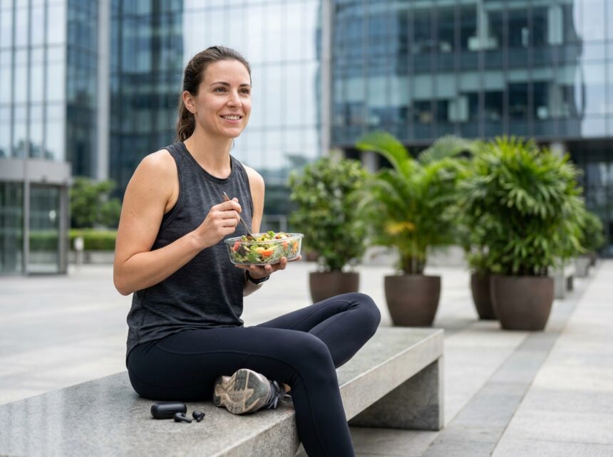 Femme active mangeant une salade saine en tenue de sport devant un immeuble de bureaux moderne pendant sa pause déjeuner