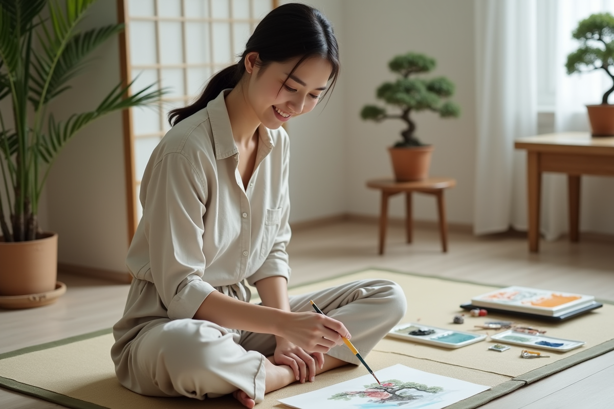 Femme peignant à l'aquarelle dans un studio zen