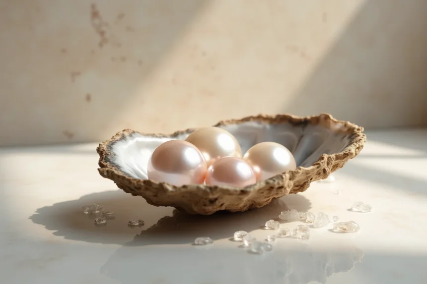 Perles naturelles dans une huître ouverte posée sur du marbre, gros plan pour estimer leur valeur réelle