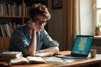 Personne pensant à une table avec dictionnaires et ordinateur
