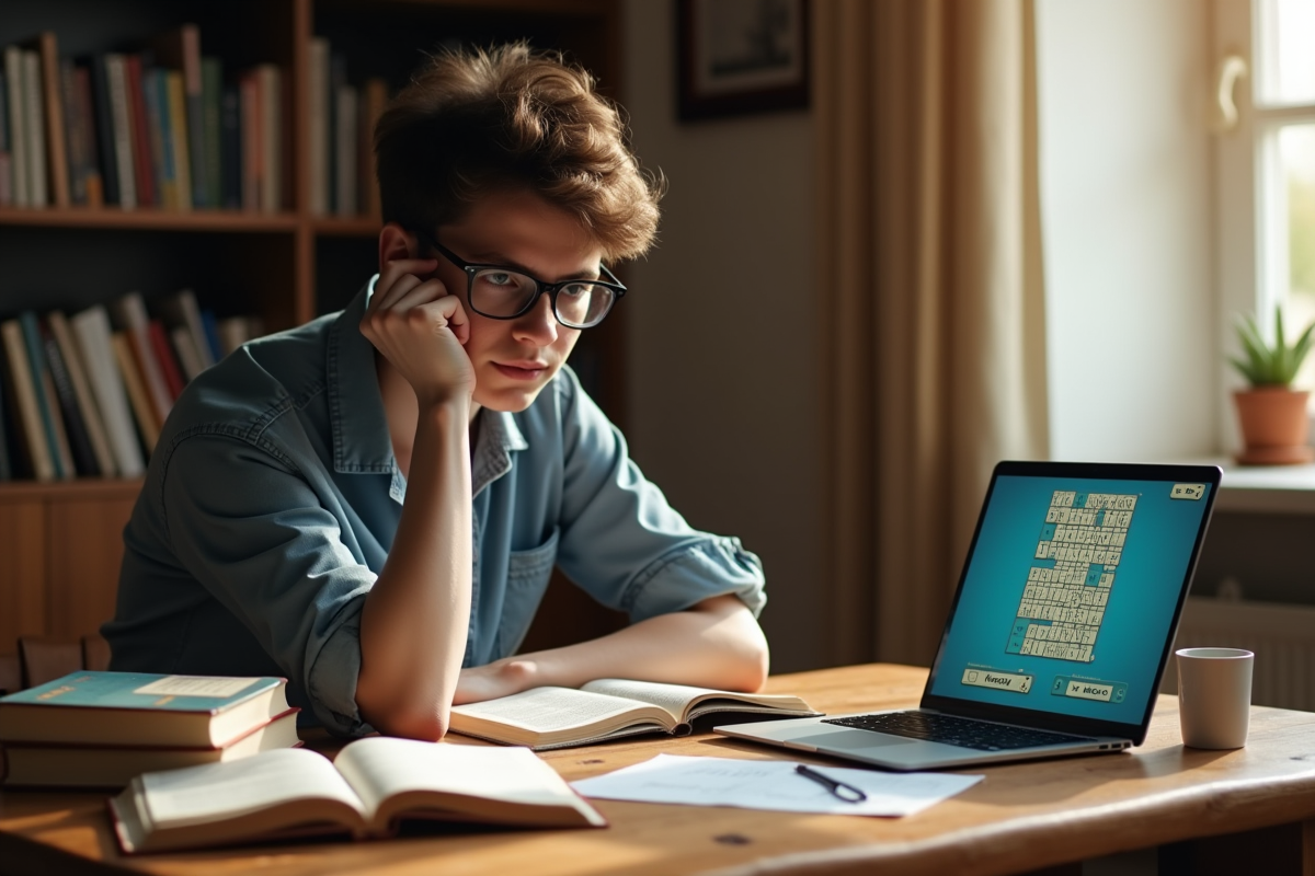 Personne pensant à une table avec dictionnaires et ordinateur