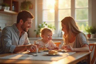 Famille souriante autour d'un petit déjeuner en lumière naturelle