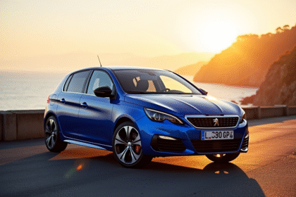 Peugeot 308 GTI bleue sur une route côtière au lever du soleil
