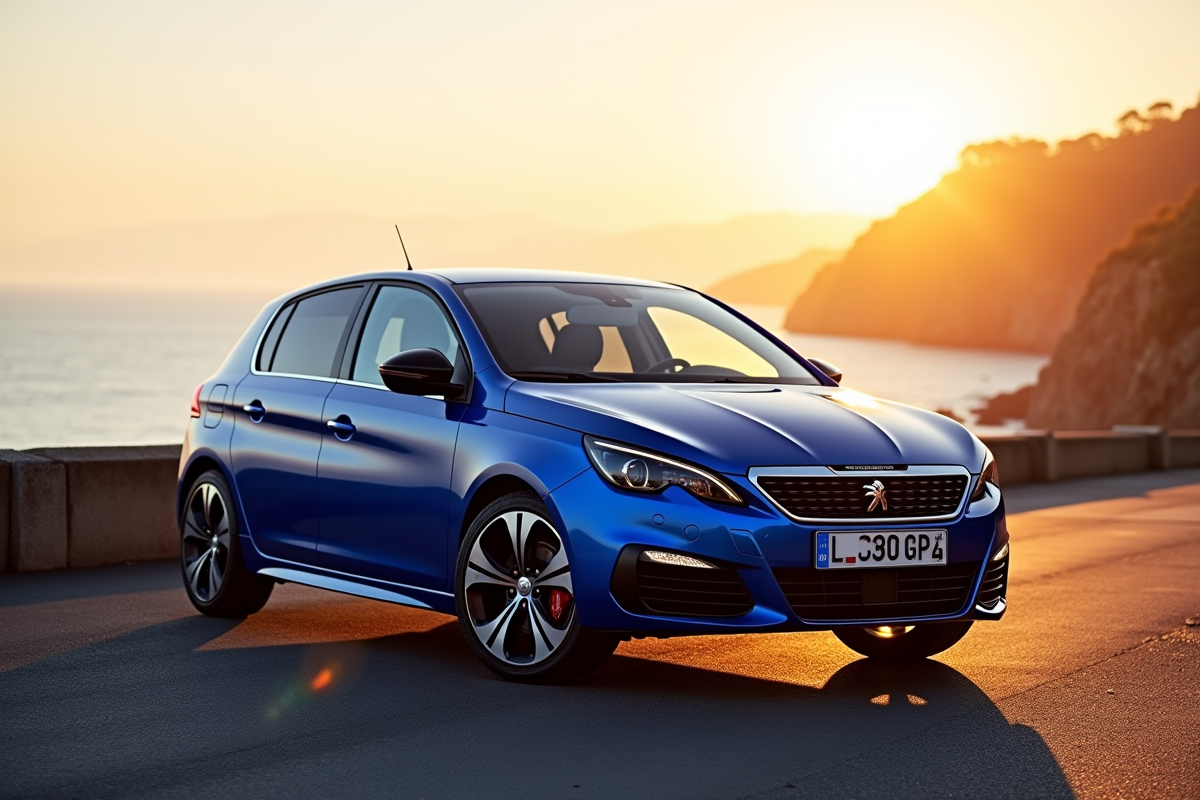 Peugeot 308 GTI bleue sur une route côtière au lever du soleil