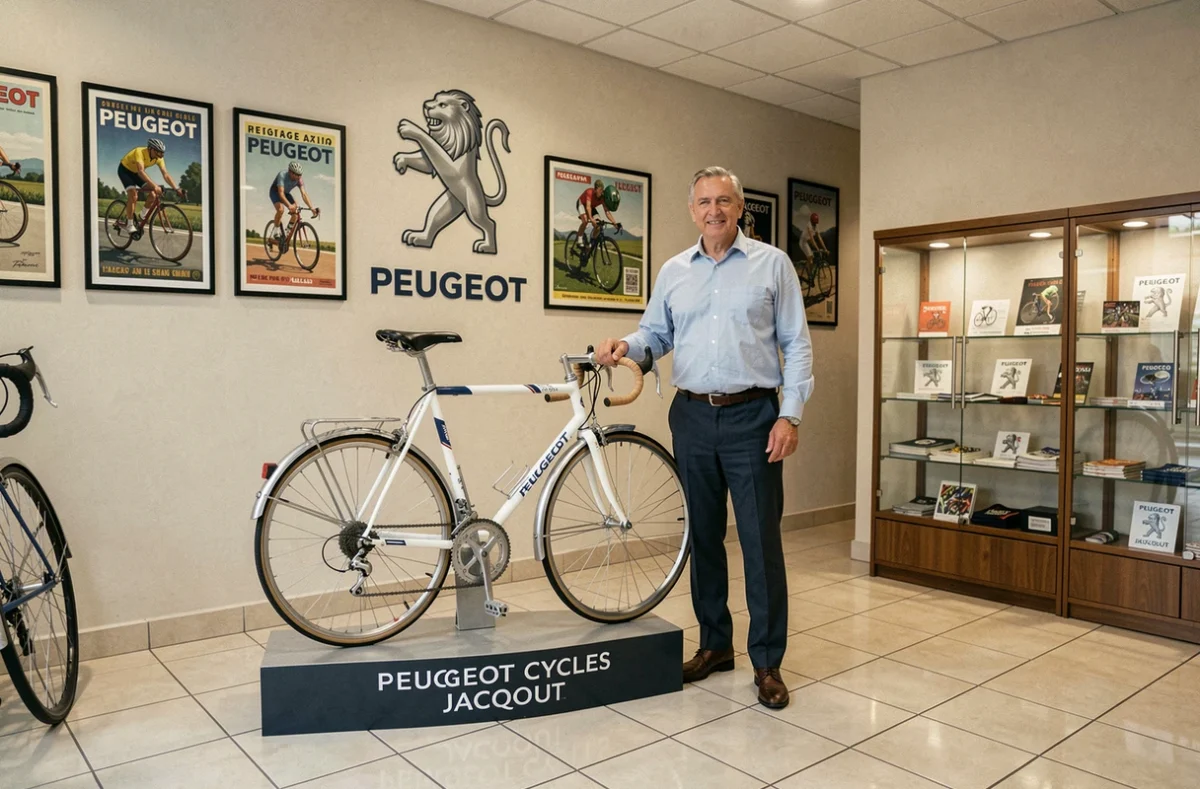 Vendeur de Peugeot Cycles Jacquot présentant un vélo de route classique Peugeot dans une concession au cadre historique