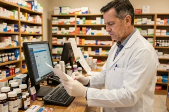 Pharmacien en blouse blanche consultant un écran de base de données médicamenteuse derrière un comptoir de dispensaire encombré de boîtes de médicaments
