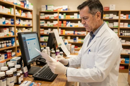 Pharmacien en blouse blanche consultant un écran de base de données médicamenteuse derrière un comptoir de dispensaire encombré de boîtes de médicaments