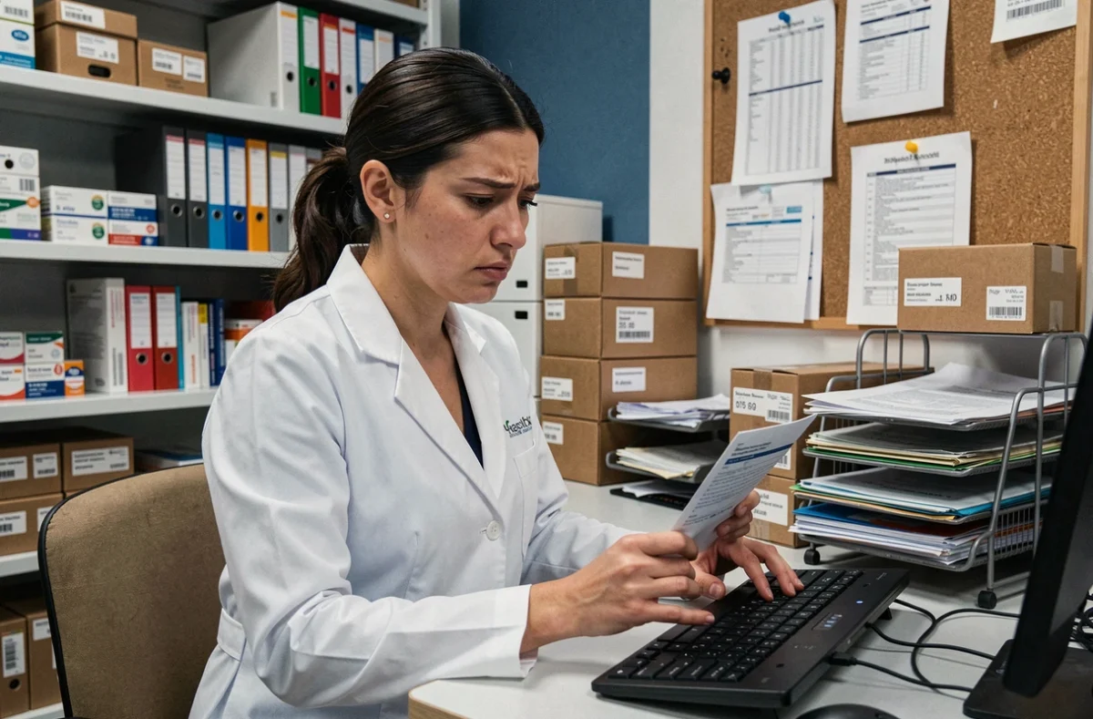 Pharmacienne en arrière-boutique consultant une ordonnance imprimée avec une expression de frustration face à une erreur administrative