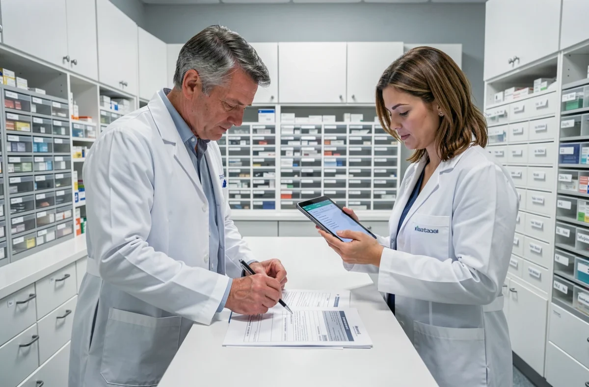 Deux pharmaciens en blouse blanche analysant ensemble un calendrier de médication pour identifier une erreur dans un hôpital moderne