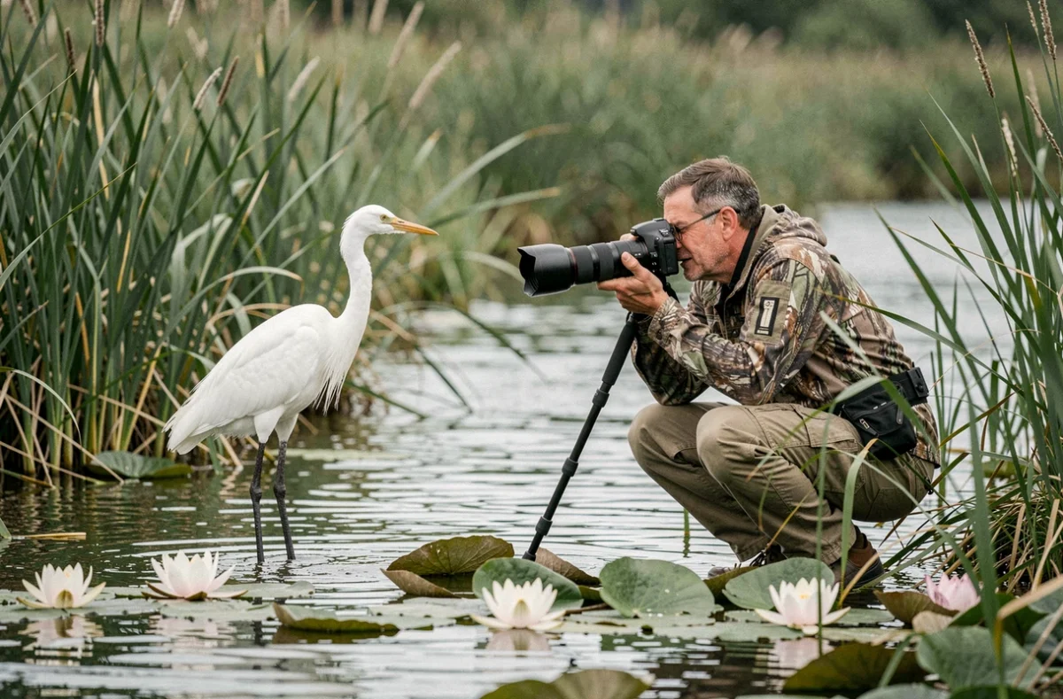 Photographe animalier en position d'affût près de Daglan photographiant un héron dans les roseaux au bord d'une rivière du Périgord