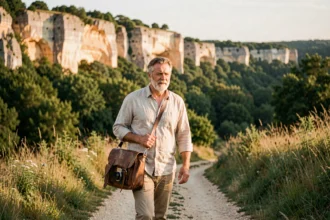 Photographe professionnel se promenant dans la vallée de la Dordogne avec falaises calcaires et forêt en arrière-plan