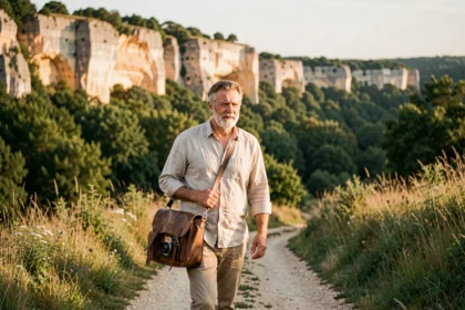 Photographe professionnel se promenant dans la vallée de la Dordogne avec falaises calcaires et forêt en arrière-plan