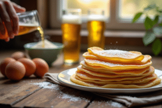 Pile de crêpes dorées sur une table en bois rustique