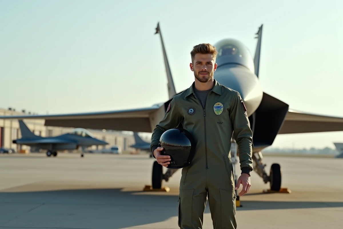 Jeune pilote militaire avec jet sur tarmac