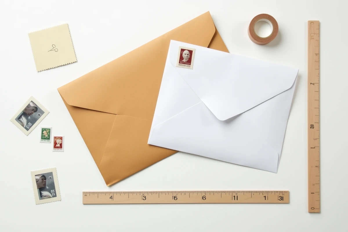 Vue de dessus d'enveloppes grand format et à bulles avec des timbres collés dans le coin supérieur droit sur un bureau blanc