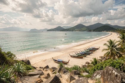 Vue panoramique de la plage de Patong à Phuket en Thaïlande avec des bateaux longtail sur le sable et des collines verdoyantes en arrière-plan